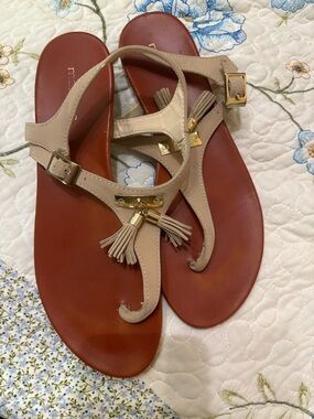 Maurice  Beige Tassel T-Strap Sandals with Brown Footbed 9